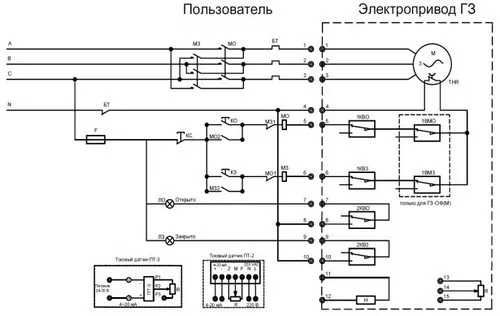 Электрическая схема подключения 380 В Четвертьоборотный электропривод ГЗ-ОФ-80/21 К, 380 В Электрическая схема подключения 380 В Четвертьоборотный электропривод ГЗ-ОФ-80/21 К, 380 В