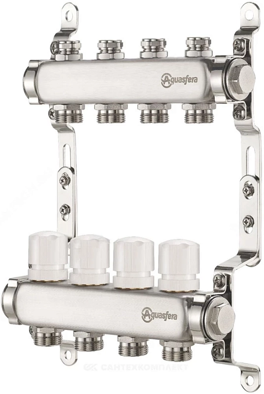 Группа коллекторная Aquasfera 9504 Ду25 Ру10 внутренняя резьба, выходов 5х3/4″ наружная резьба под евроконус с балансировочными и регулирующими клапанами, нержавеющая сталь