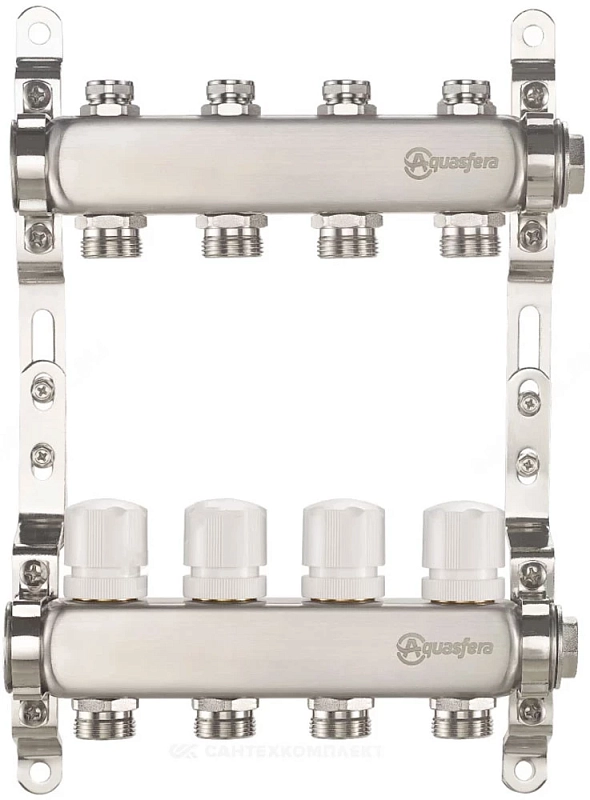Группа коллекторная Aquasfera 9504 Ду25 Ру10 внутренняя резьба, выходов 5х3/4″ наружная резьба под евроконус с балансировочными и регулирующими клапанами, нержавеющая сталь