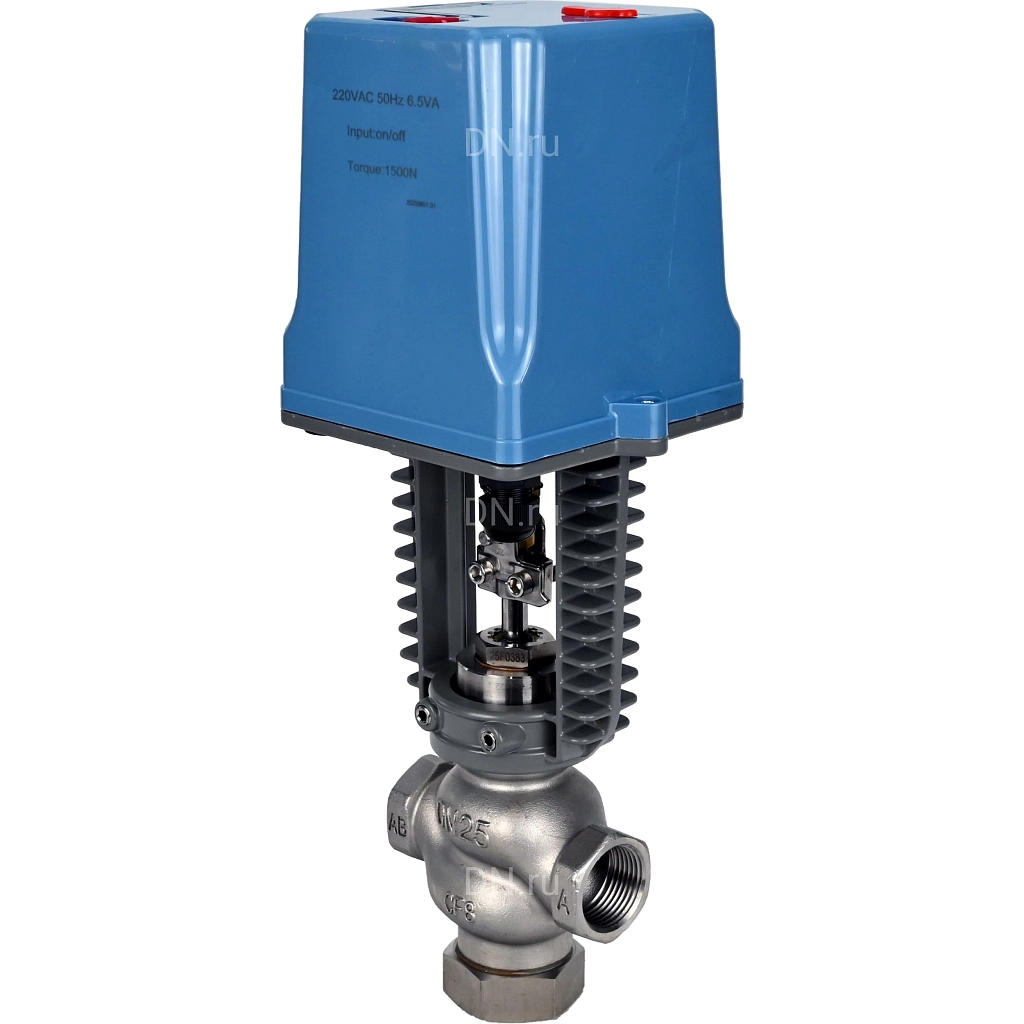 Клапан регулирующий 1″ Ду25 Ру25 двухходовой, односедельный, резьбовой, корпус - нержавеющая сталь AISI304, уплотнение - металл с электроприводом XCK220-1500 AC220V (VRg1-31M-PED-T)